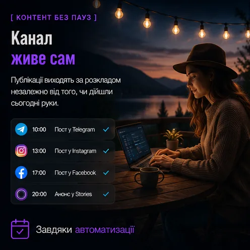 Канал живе сам: пости виходять за розкладом у Telegram, Instagram і Facebook, сторіз — теж за розкладом.