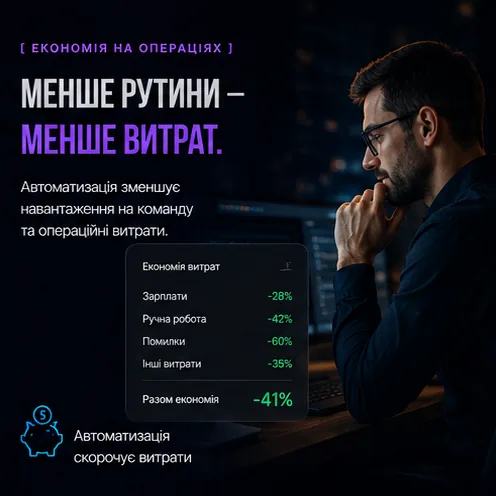 Панель економії показує −41% витрат: автоматизація знімає рутину з команди і скорочує операційні витрати.