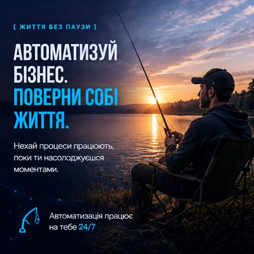 Чоловік рибалить на заході сонця біля озера, поки процеси працюють без нього — автоматизуй бізнес, поверни собі життя.
